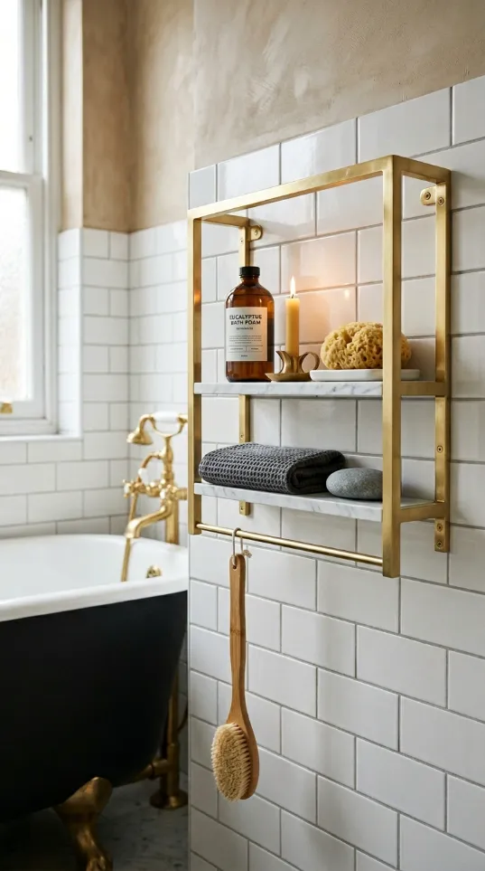 Two-tier wall shelf with gold metal framing and marble slabs holding a candle, soap, and a waffle towel.