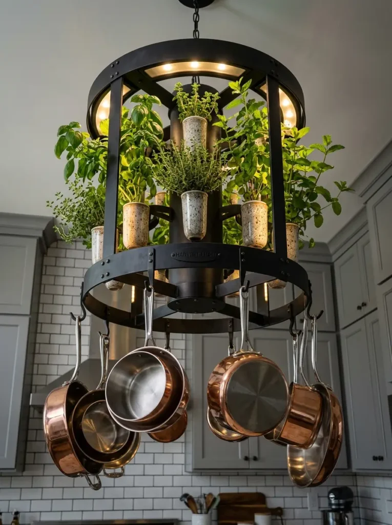 Round black metal lighting fixture hanging from the ceiling holding small herb pots.