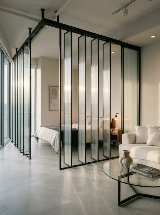 Rotatable fluted glass room dividers in a bright modern studio apartment.