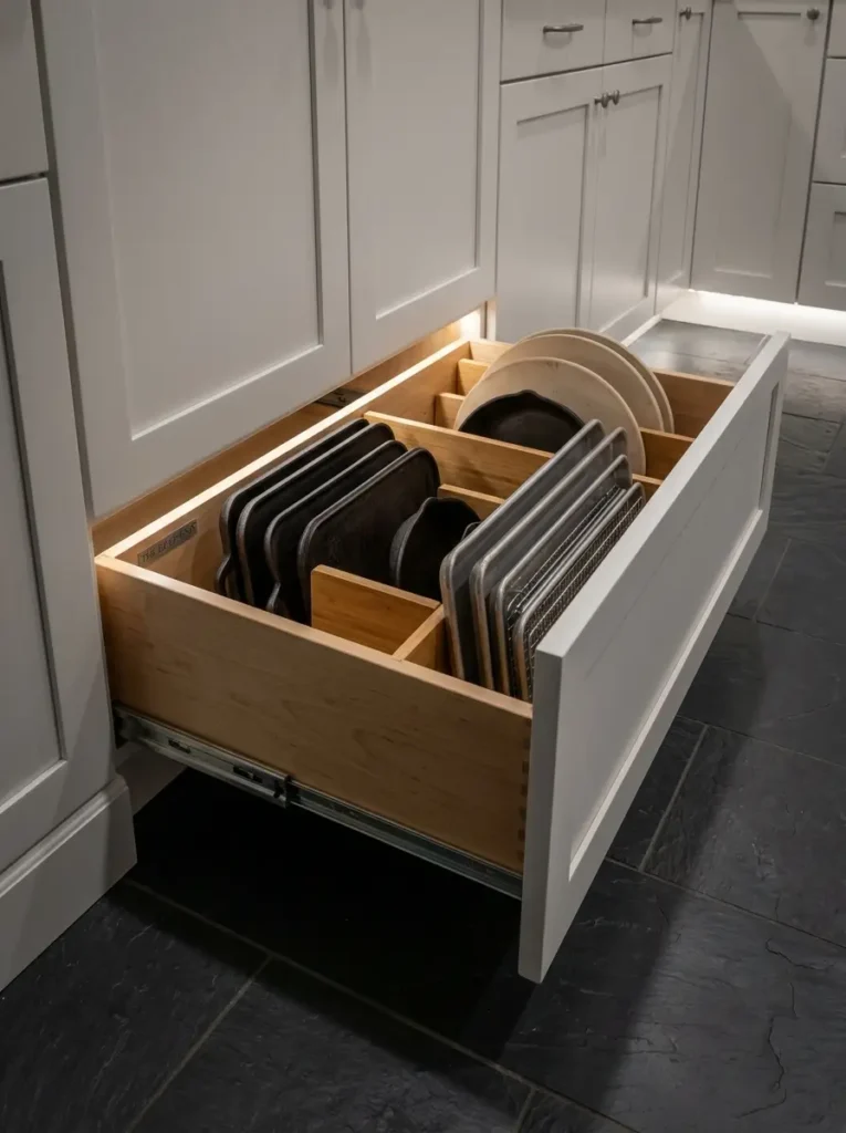 Wooden drawer pulled out to show baking sheets organized vertically by wooden dividers.