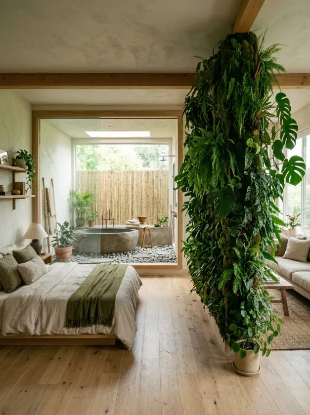 Tall plant wall separating a bedroom from a living area with wood floors.